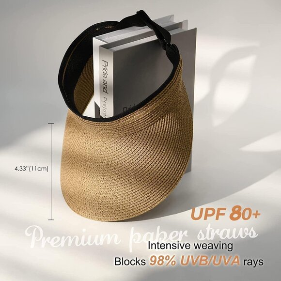 🆕Women Khaki Straw Paper Visor Summer Beach Hat Packable Wide Brim Sun Hat - Picture 2 of 6